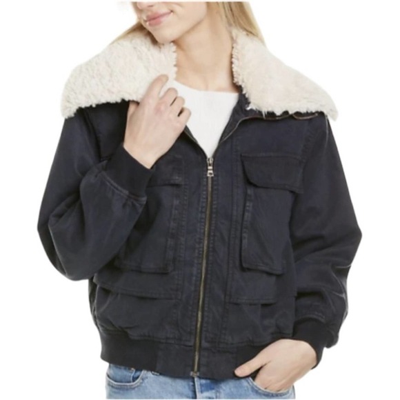 Young, Fabulous & Broke Tencel Blue Sherpa Bomber Jacket Small - Picture 1 of 6
